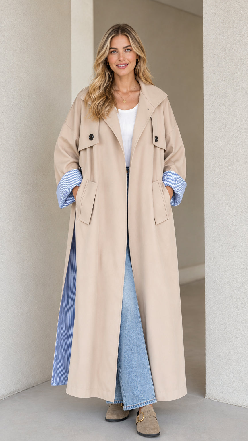 Front view of woman wearing beige maxi trench coat with striped cuff lining