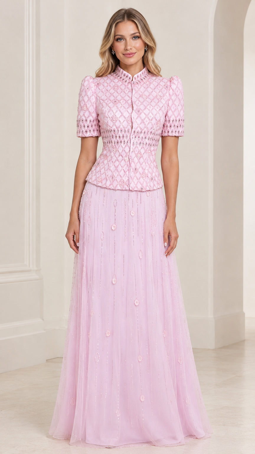 Front view of woman wearing Light Pink embroidered high neck evening gown