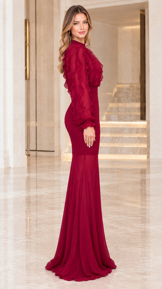 Side angle view of model in Wine Red floor-length smocked evening gown