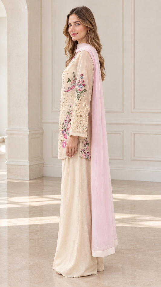 Side profile view of Champagne Beige embroidered tunic and wide-leg palazzo pants