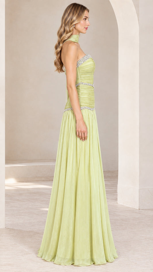 Side full-length view of light green pleated chiffon formal maxi dress