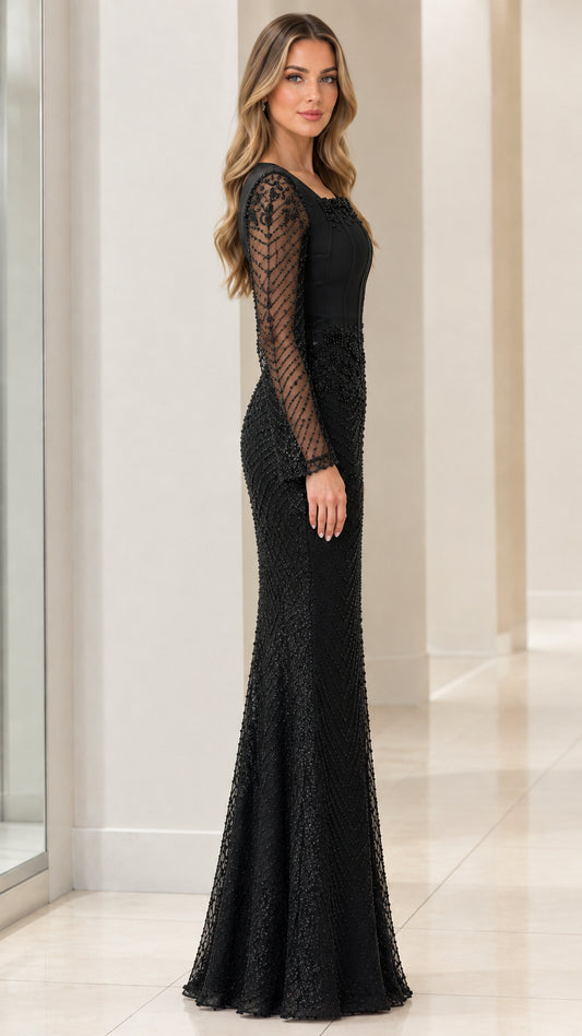 Side profile view of woman modeling the black beaded long sleeve formal dress