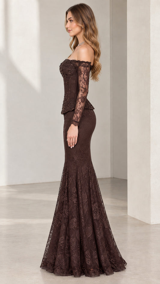 Side profile view of woman modeling chocolate brown lace mermaid formal dress with long sleeves