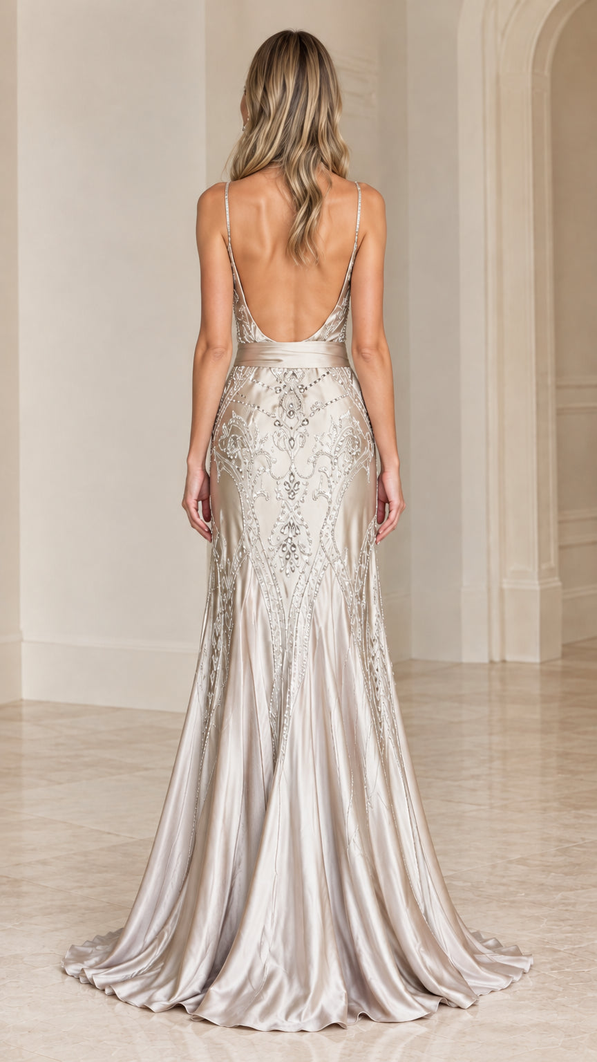 Champagne backless beaded mermaid maxi gown back view