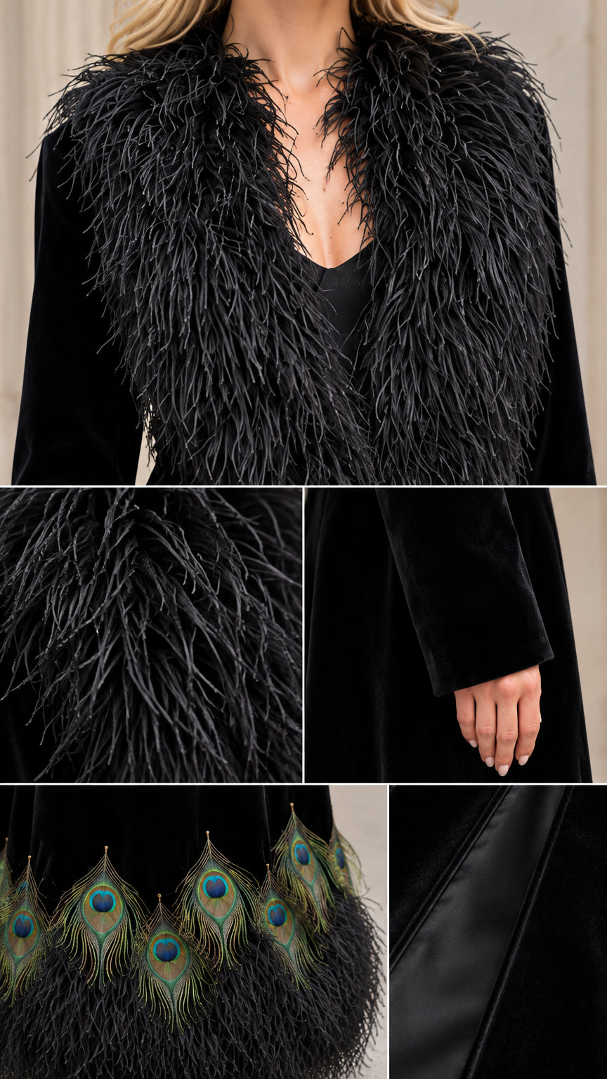 Close-up details of feather collar, sleeve cuff, and peacock feather hem