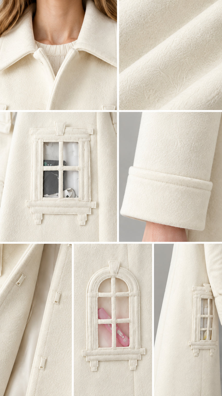 Detailed close-ups of fabric texture, spread collar, and dimensional window appliqués