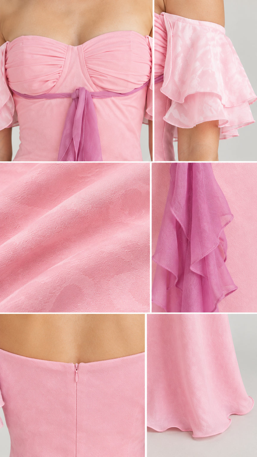 Close-up details of bodice ruching, flutter sleeve, fabric texture, and back zipper on pink gown