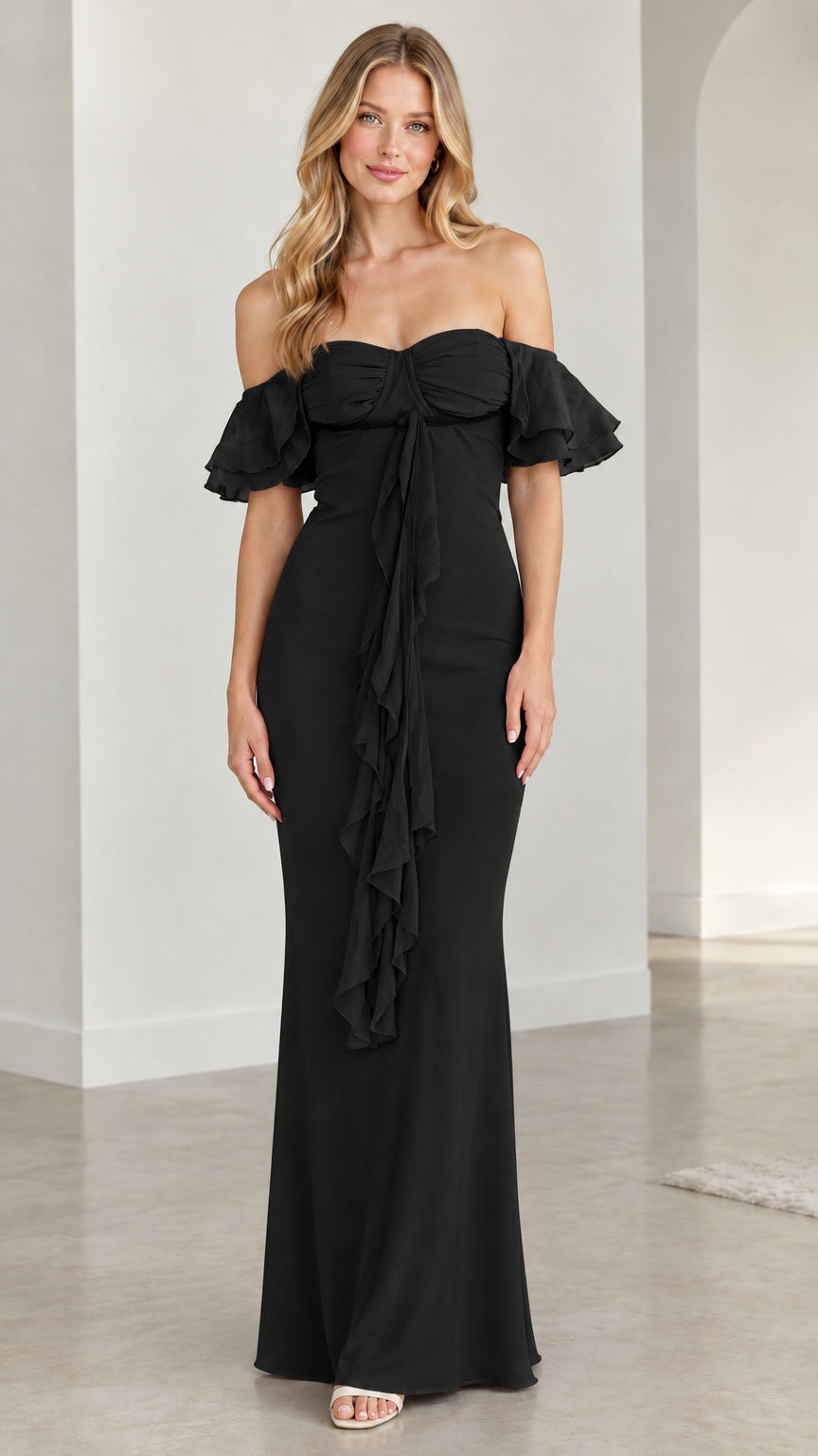 Front view of model wearing black off-the-shoulder formal maxi dress