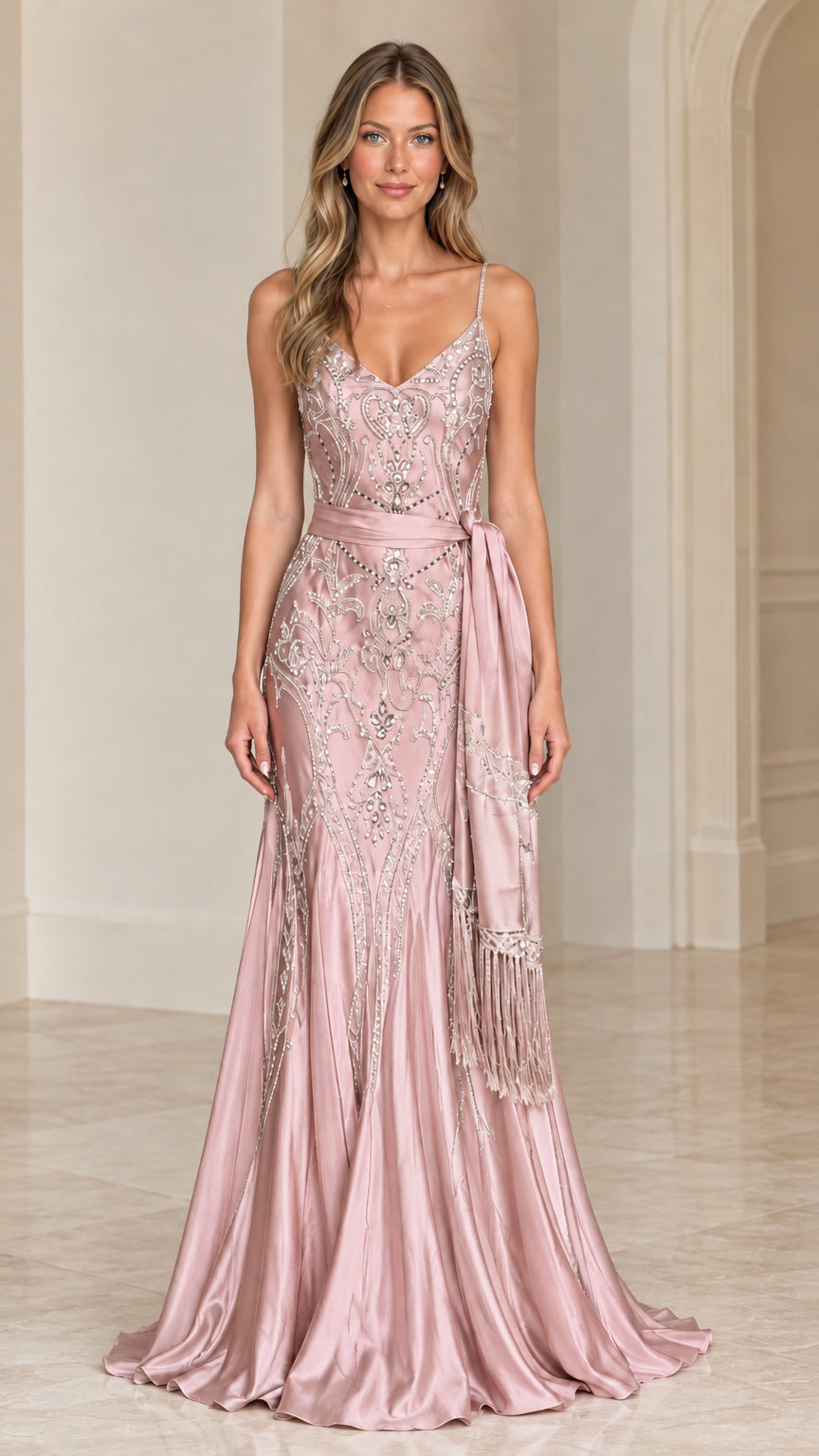 Blush pink beaded embroidered satin mermaid evening gown with fringe sash