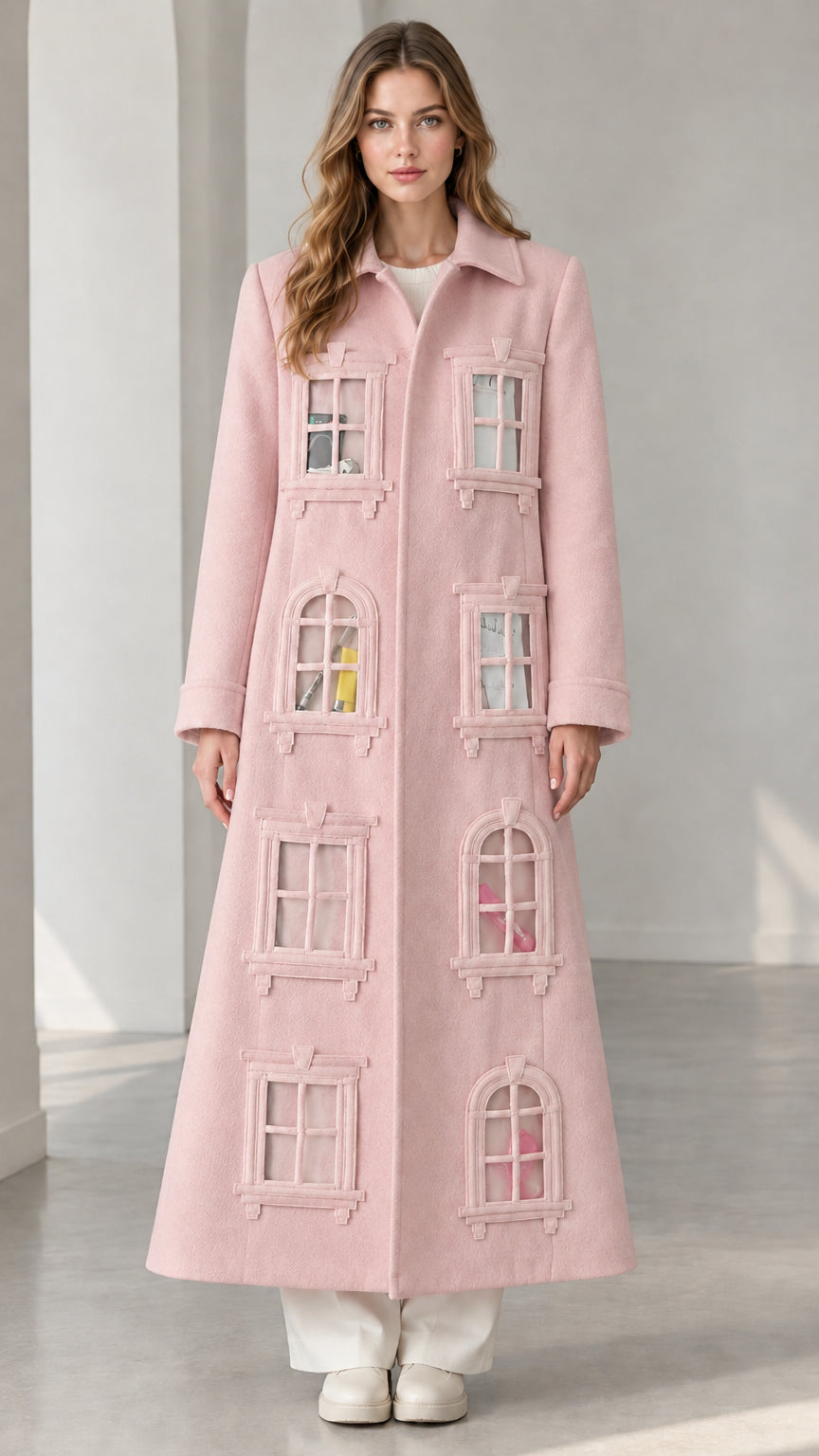 Full-length view of pastel pink architectural window appliqué maxi coat
