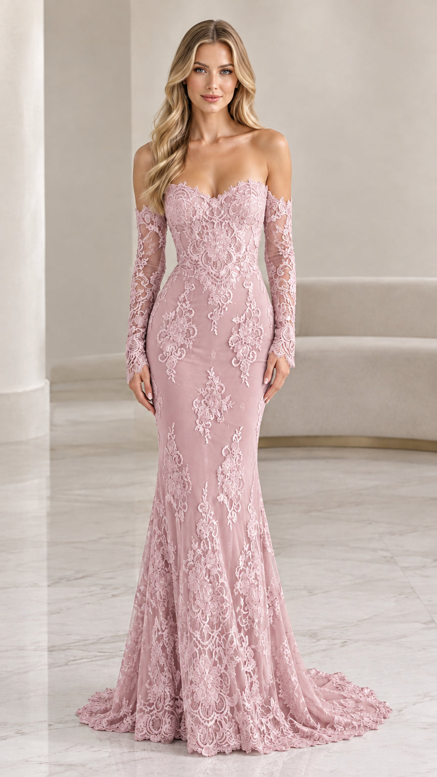 Model wearing blush pink off-the-shoulder long sleeve lace mermaid dress