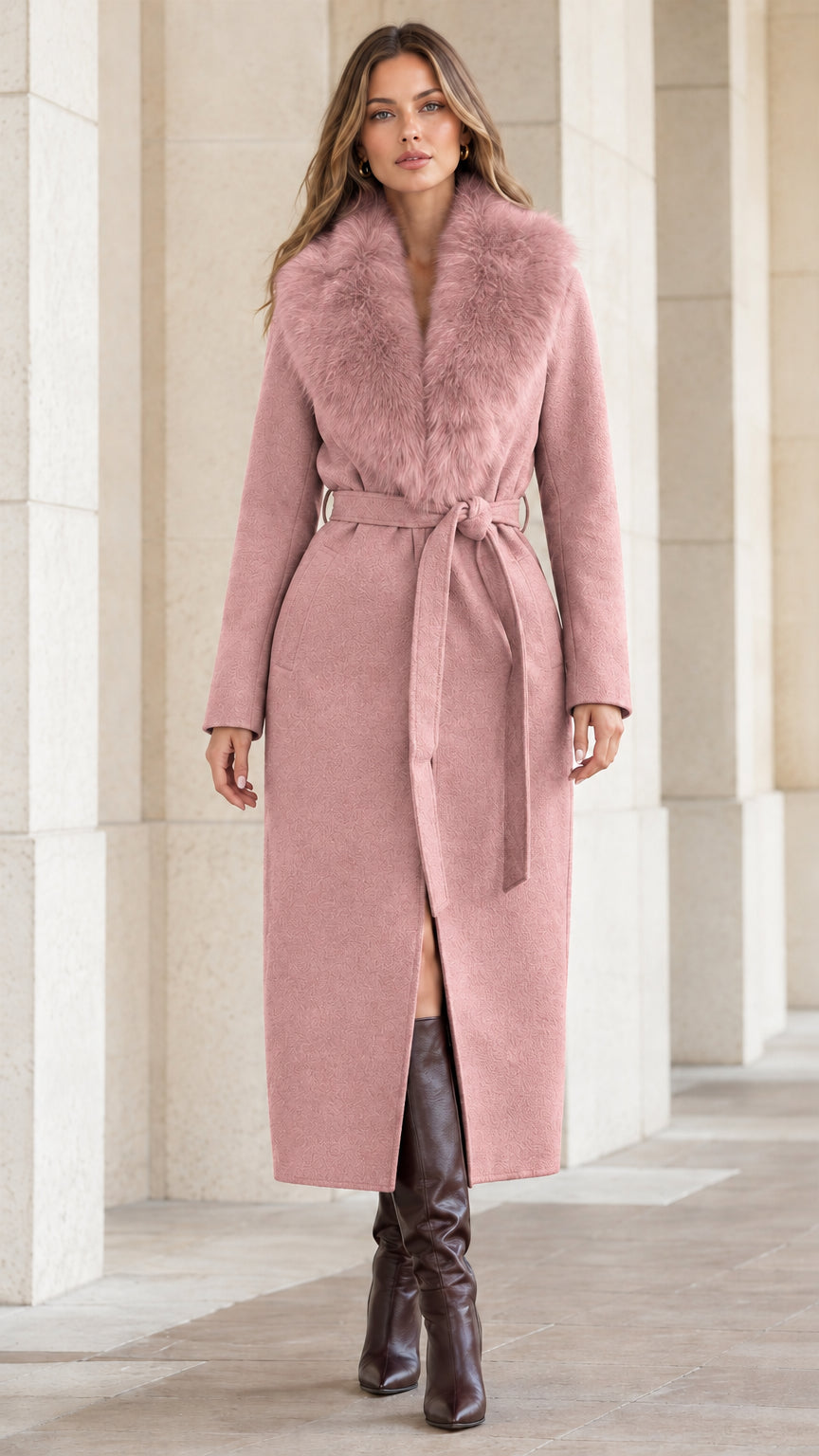 Front view of woman wearing dusty pink long belted coat with soft plush collar