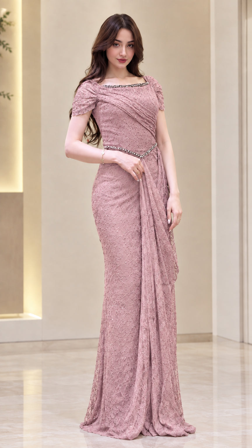 Front view of model wearing Dusty Rose lace draped formal gown