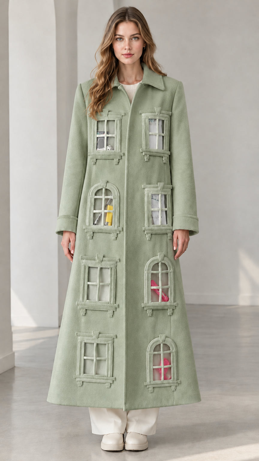 Full-length view of sage green architectural window appliqué maxi coat