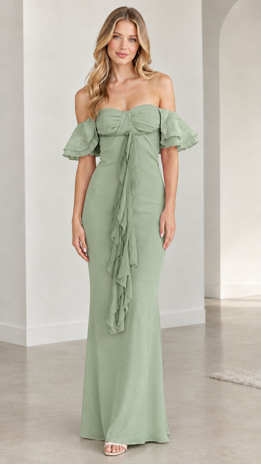 Front view of model wearing sage green off-the-shoulder evening gown