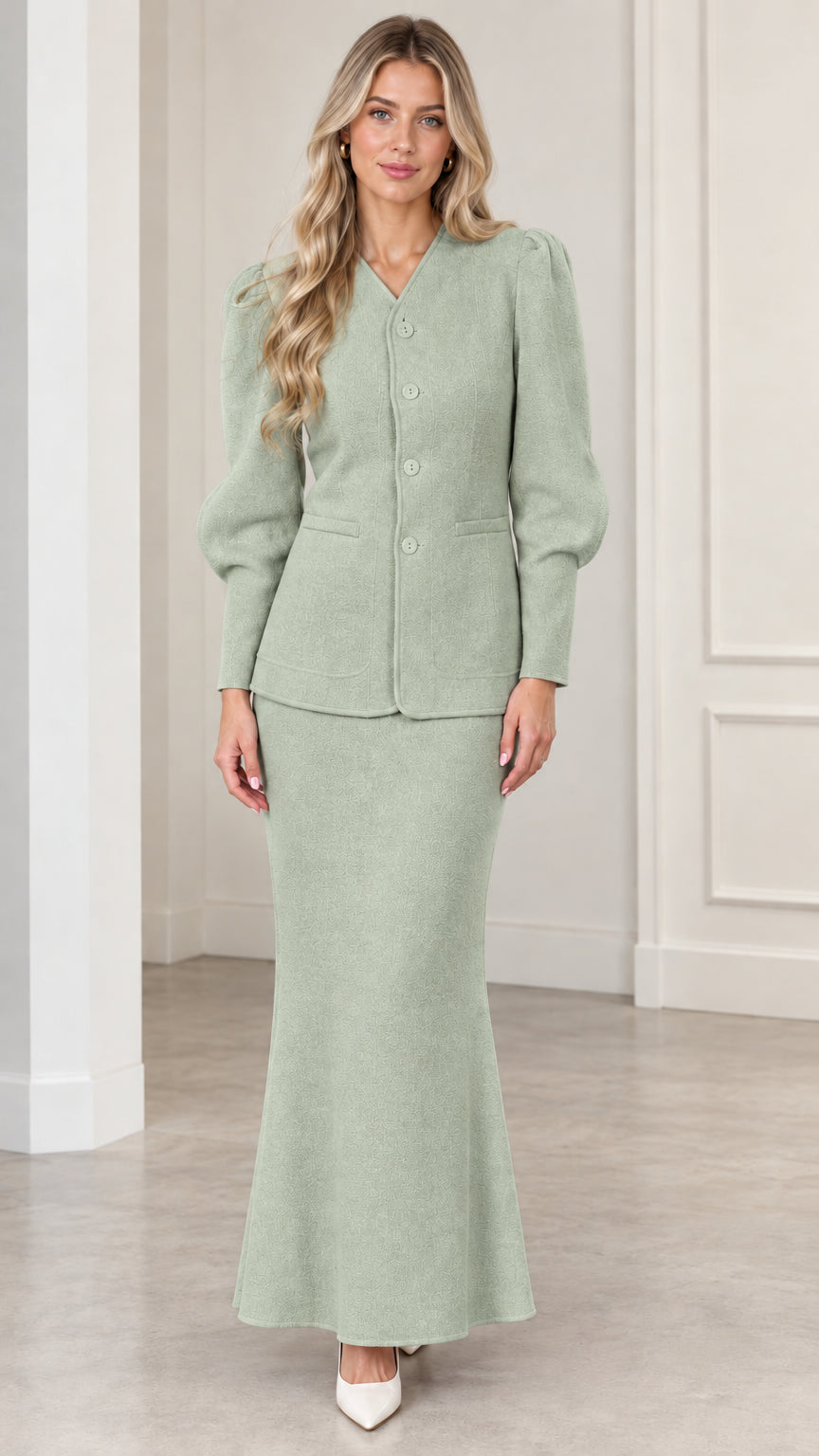 Front view of woman wearing Sage Green puff sleeve jacket and maxi skirt set