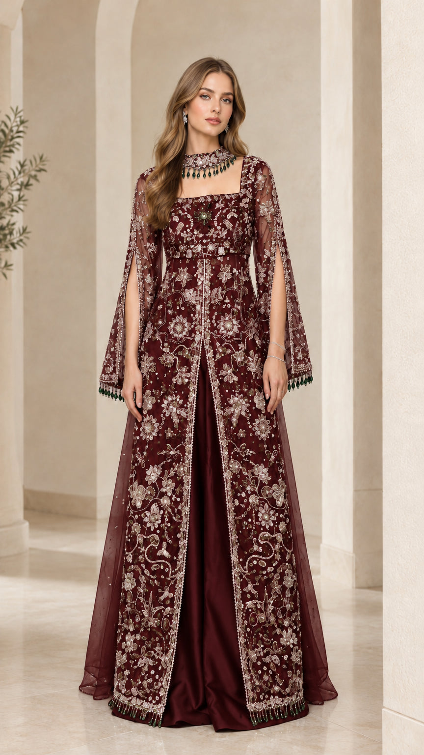 Burgundy wine embroidered formal maxi dress with bead-fringed cape sleeves and collar