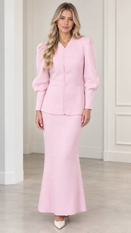 Front full view of woman wearing Light Pink puff sleeve jacket and maxi skirt suit set