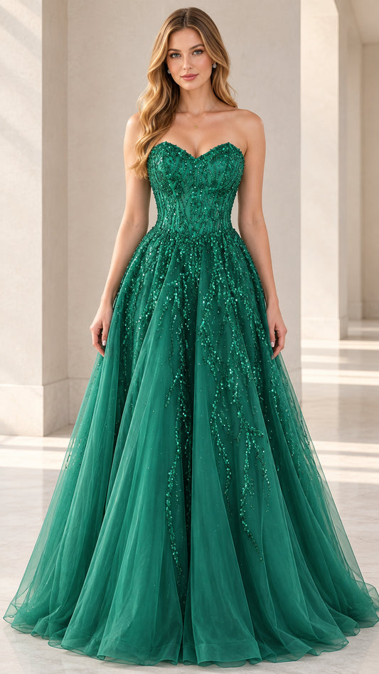 Strapless sweetheart sequin tulle ball gown in emerald green front view