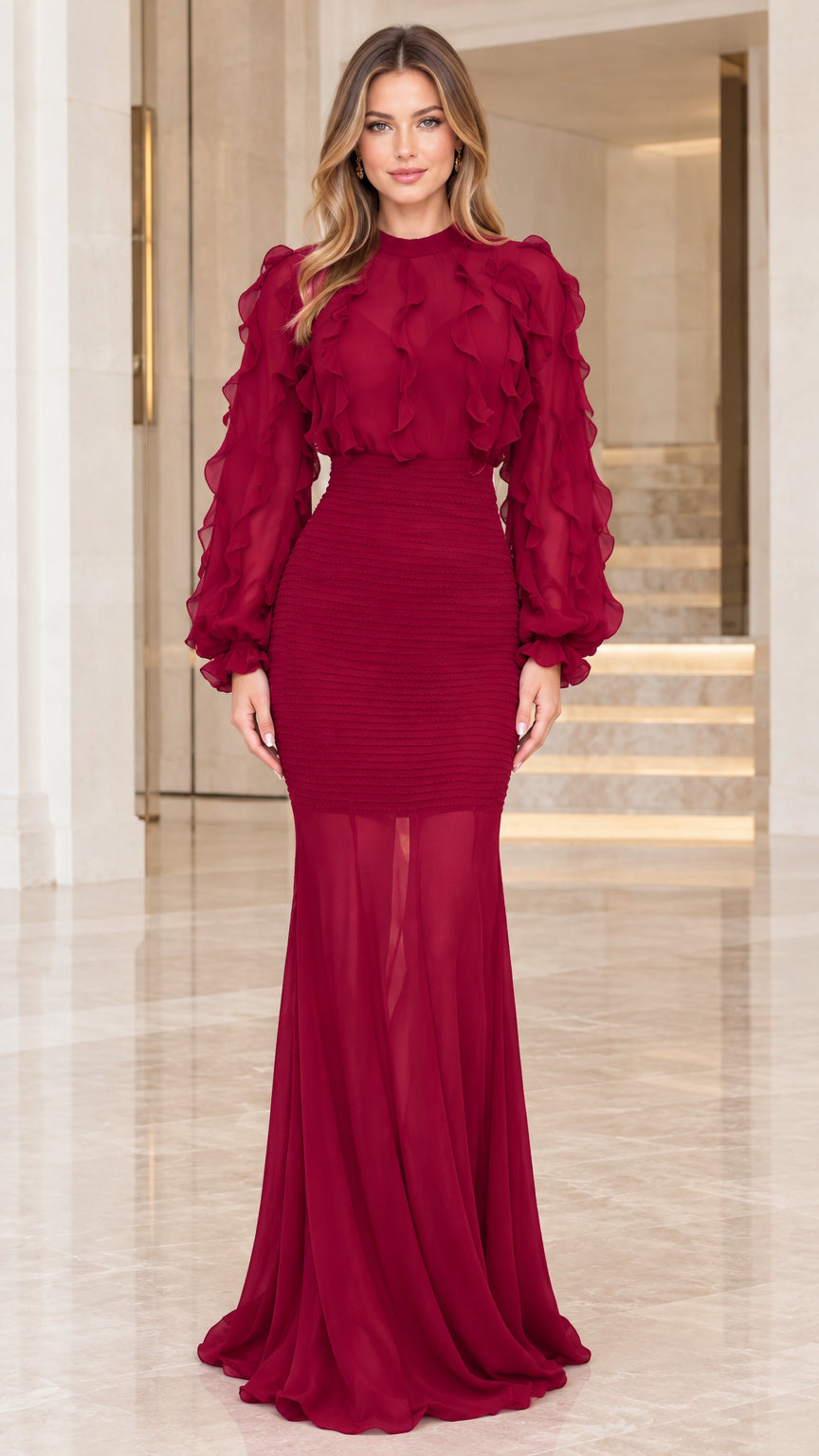 Front view of model wearing Wine Red ruffled long sleeve smocked mermaid maxi evening dress