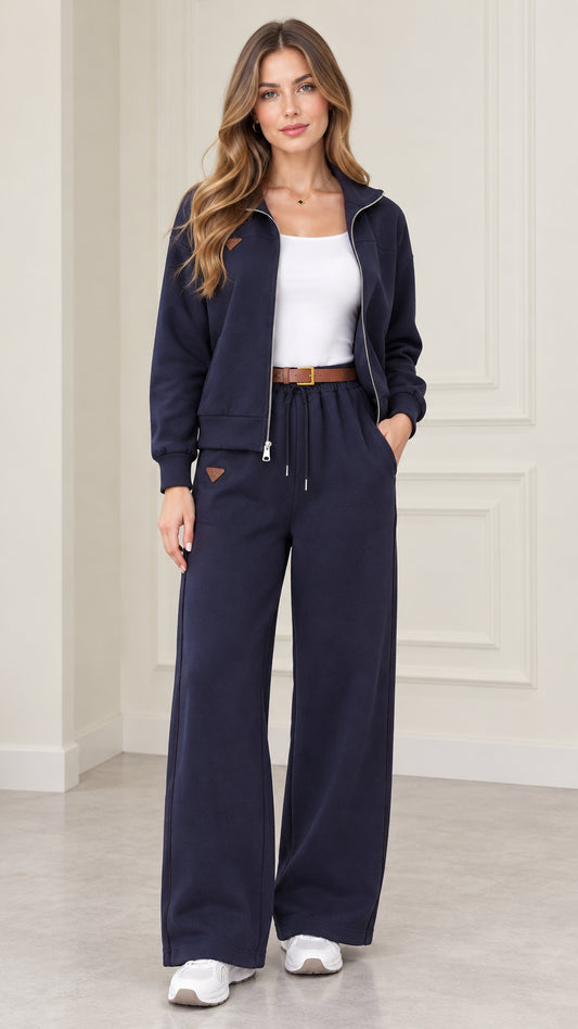 Full front view of model wearing Navy Blue zip-up jacket and wide-leg pants tracksuit set