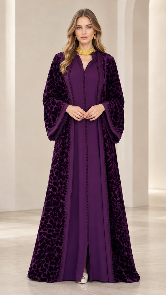 Women's deep purple burnout velvet abaya maxi dress front view
