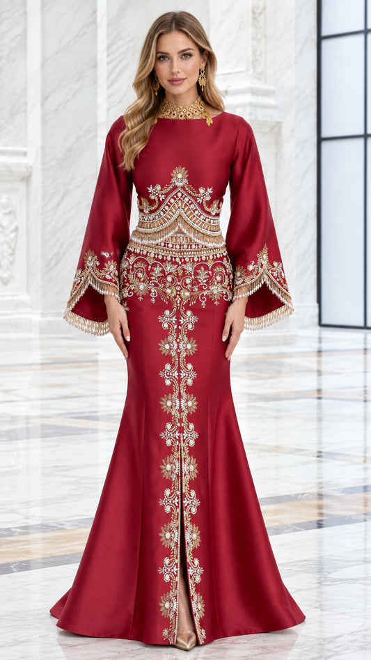 Burgundy embellished satin-style mermaid evening gown shown from the front