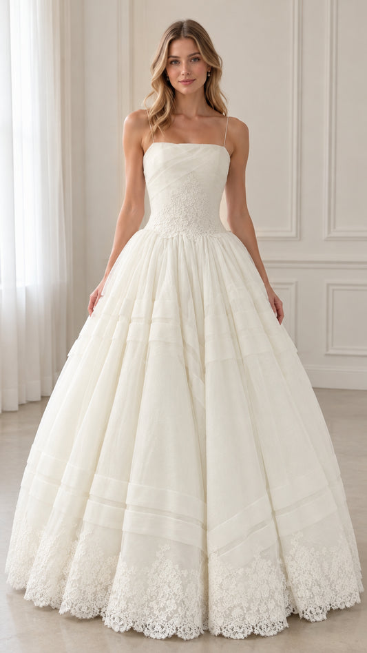 Ivory spaghetti strap ballgown evening dress with lace appliqué front view