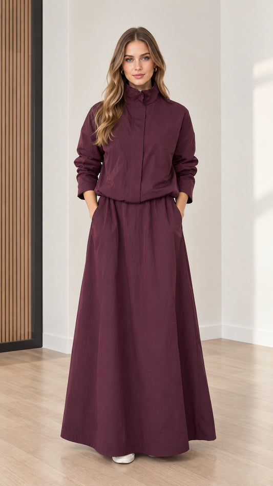 Front view of model wearing Burgundy stand collar long sleeve maxi dress