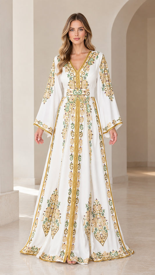 Front view of white embroidered Moroccan kaftan dress with gold trim and bell sleeves