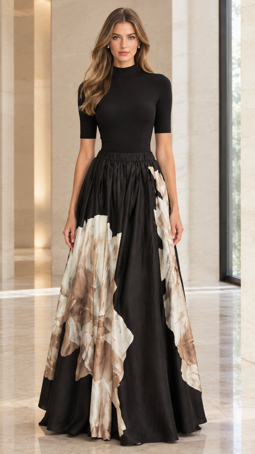 Front view of woman wearing elegant black mock neck short sleeve floral maxi dress