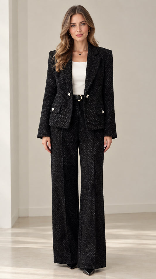 Front full view of woman wearing tailored black tweed blazer and wide leg pants suit set
