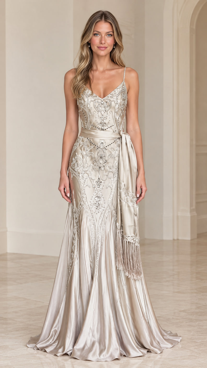 Champagne beaded embroidered satin mermaid evening gown with fringe sash - front view