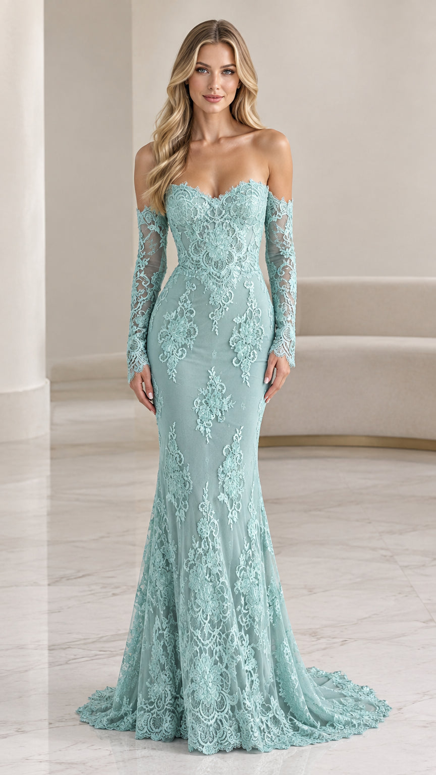 Front view of model wearing sage green off-the-shoulder lace mermaid gown