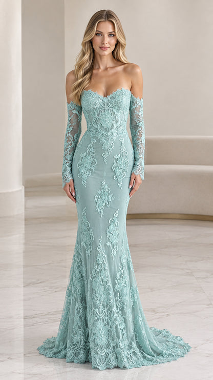 Front view of model wearing sage green off-the-shoulder lace mermaid gown