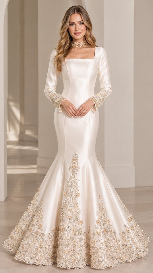 Front view of woman wearing ivory square neck long sleeve mermaid gown with gold embroidery