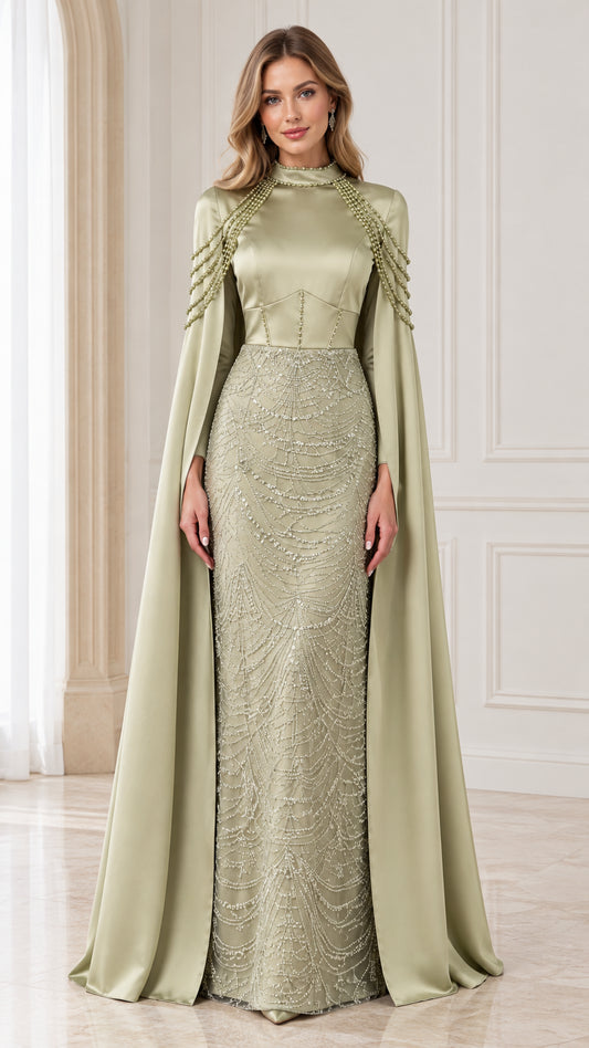 Front full-length view of model in sage green high neck beaded cape maxi gown