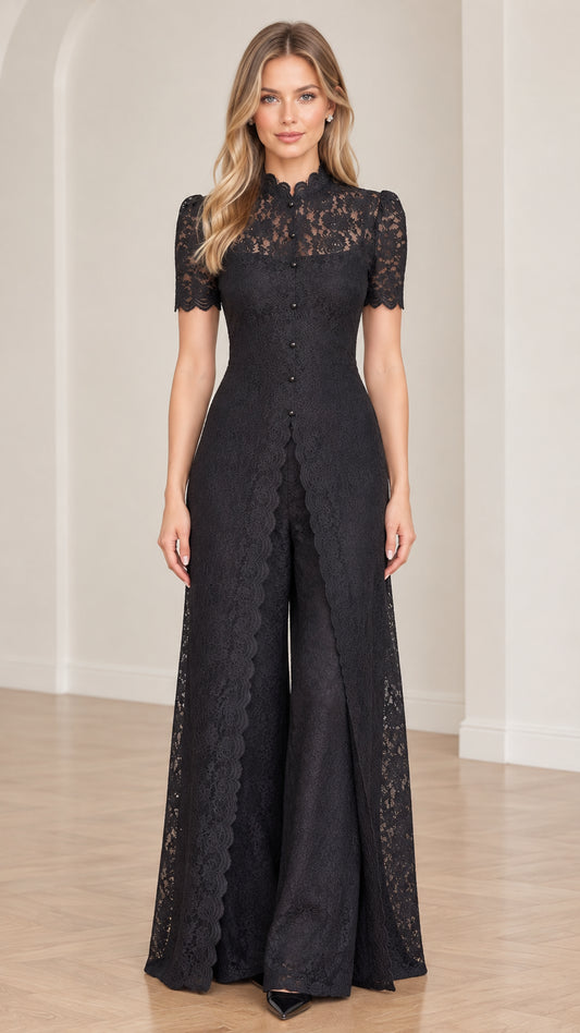 Front full-length view of black floral lace wide-leg jumpsuit with split overlay