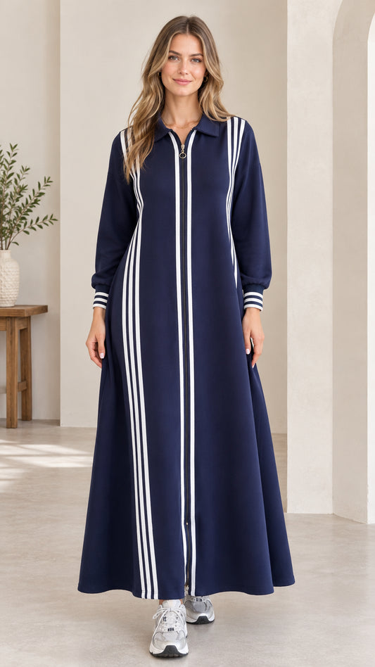 Front full-length view of navy blue striped zip-front polo maxi dress