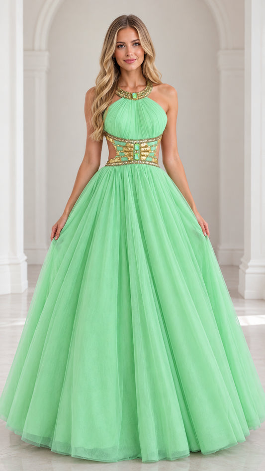 Front view of model wearing mint green halter beaded cutout tulle ball gown