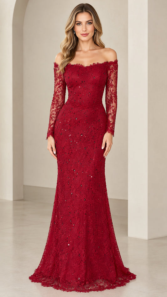 Front view of woman wearing burgundy off-the-shoulder long sleeve lace mermaid evening dress