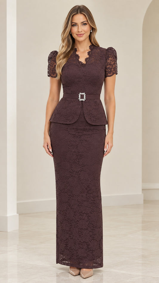 Model wearing Deep Plum scalloped V-neck floral lace peplum maxi dress front view