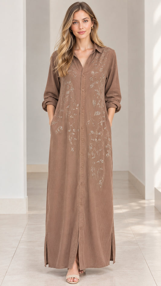 Front full view of woman wearing mocha brown embroidered maxi shirt dress