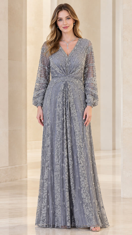 Full front view of Slate Grey embellished long sleeve V-neck evening gown