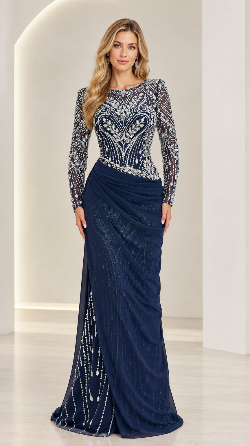 Navy Blue beaded illusion bodice long sleeve evening gown front view