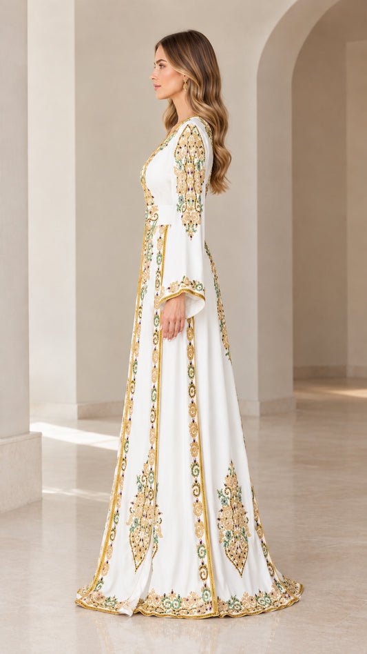 Side profile view of white floor-length kaftan gown showing flared sleeves