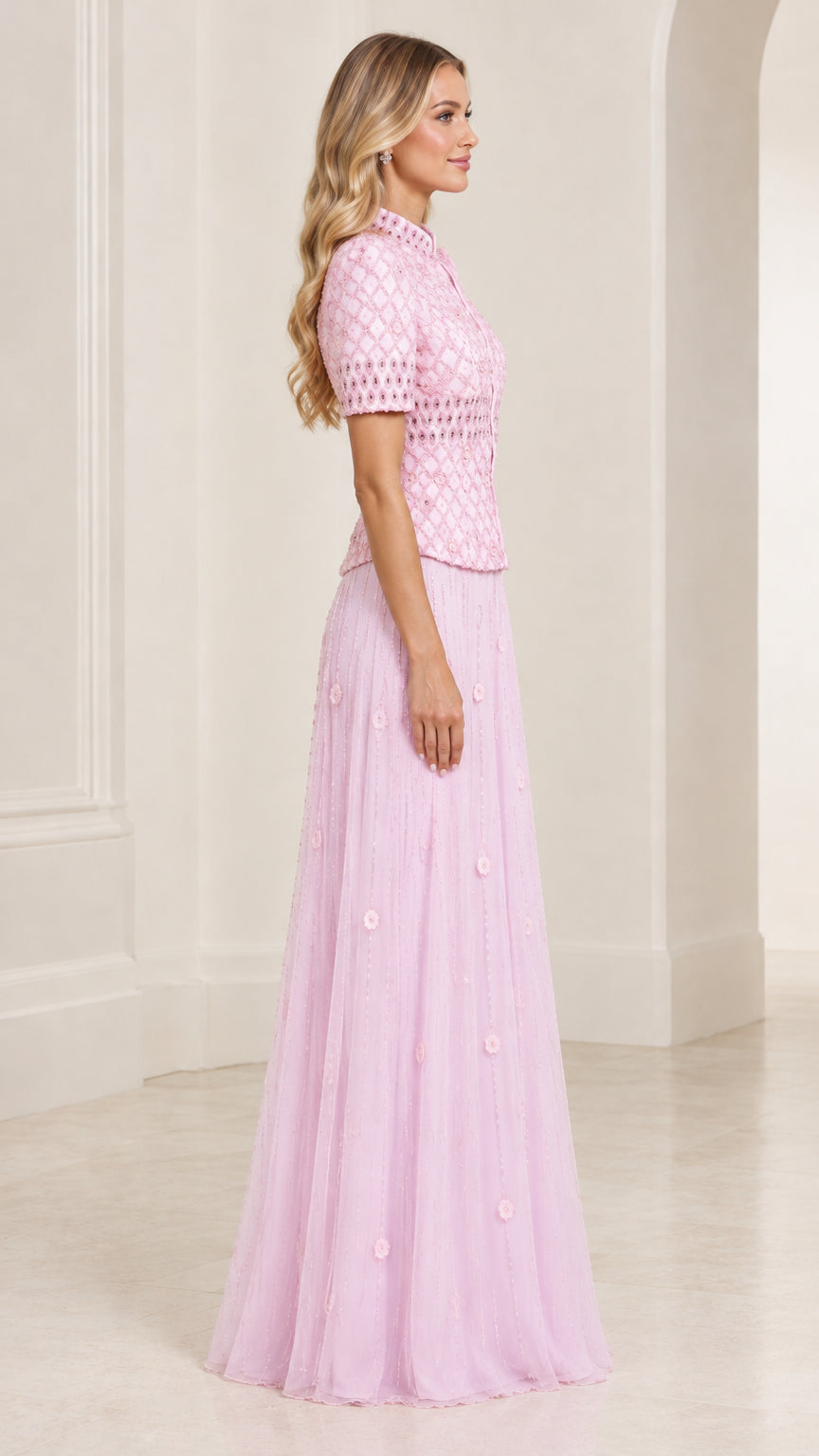 Side profile view of Light Pink short sleeve formal maxi dress