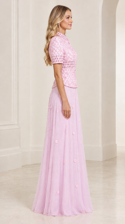 Side profile view of Light Pink short sleeve formal maxi dress