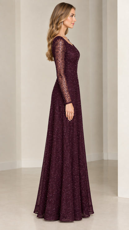 Side profile view of burgundy long sleeve formal lace maxi dress