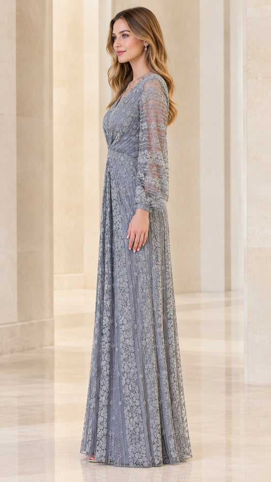 Side profile view of woman wearing Slate Grey formal maxi gown
